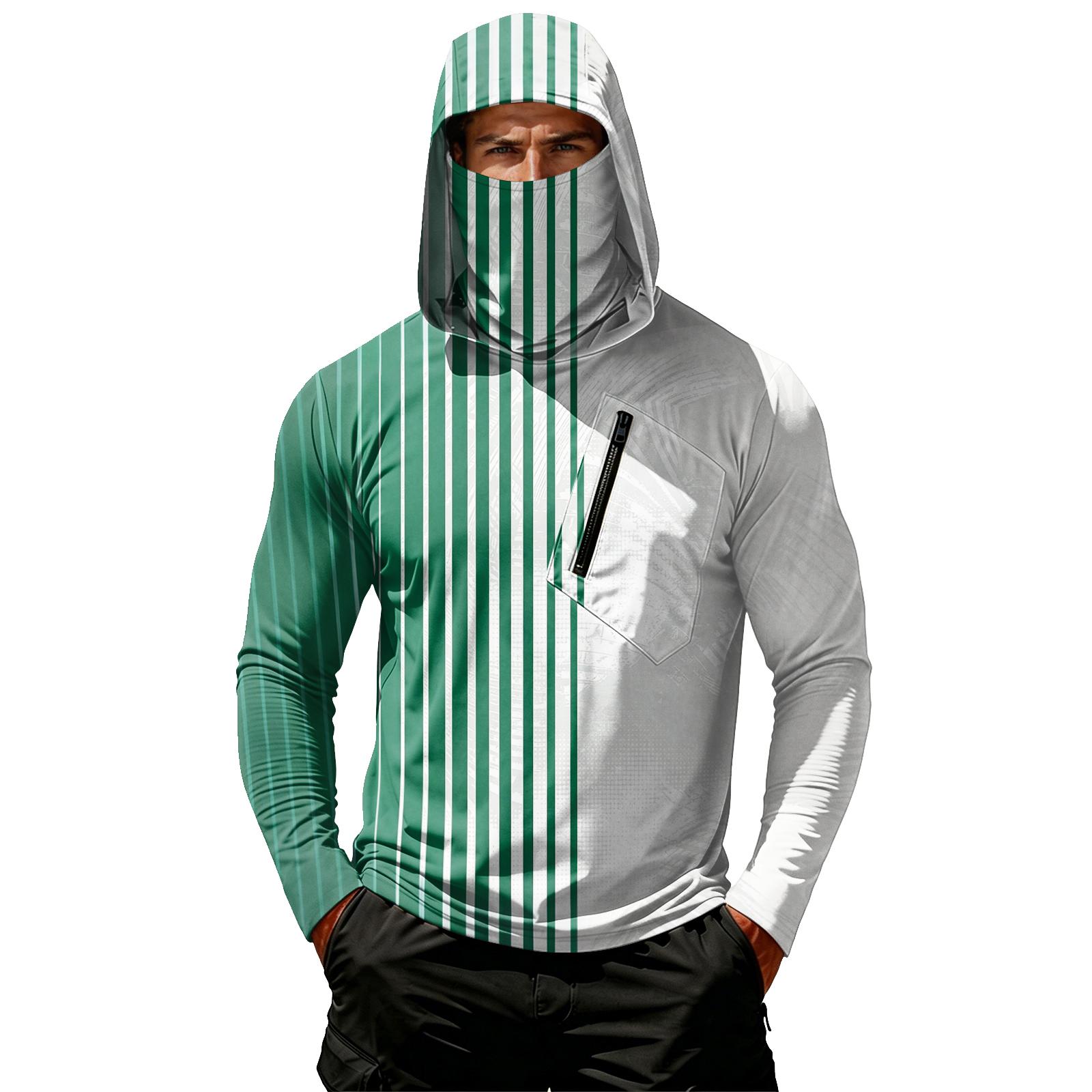 

Men Long Sleeve Hooded Pullover with Vertical Stripe Print Lightweight Casual Top with Chest Zipper Pocket XL зелёный