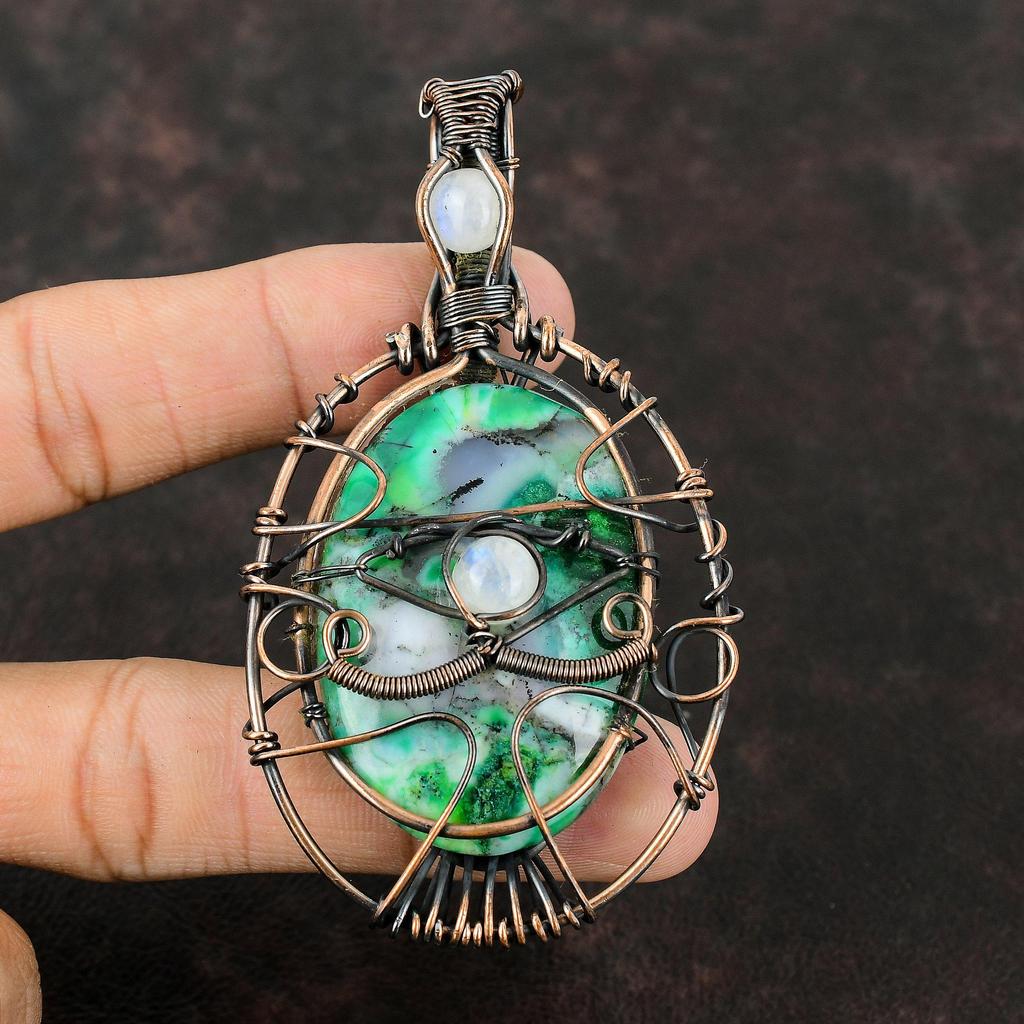 Evil Eye Green Dendrite Opal Pendant Copper Wire Wrapped Pendant Handmade Pendant Gemstone Jewelry Moonstone Pendant Evil Eye Wire Jewelry