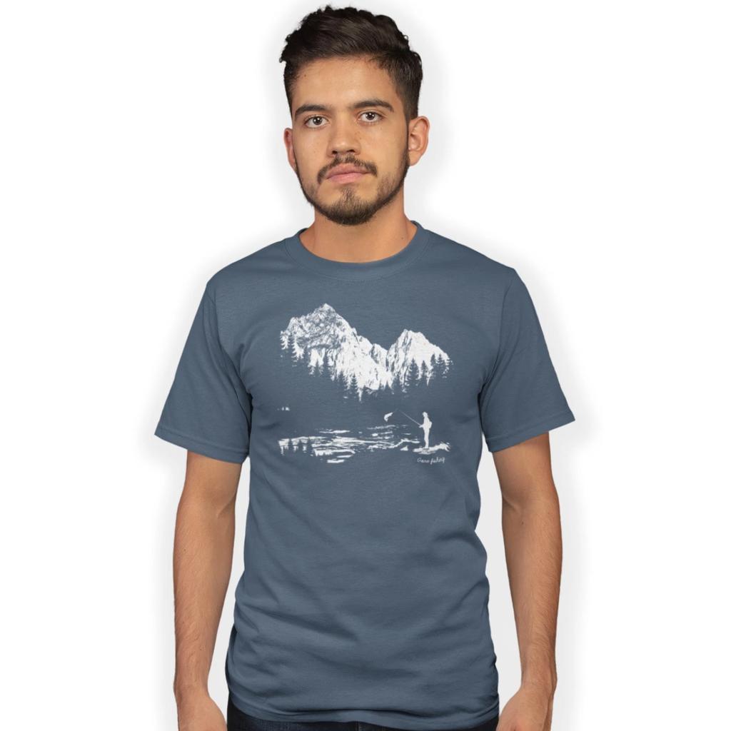 Gone Fishing Mountain Silhouette T-Shirt Birthday Gift Size S-5XL