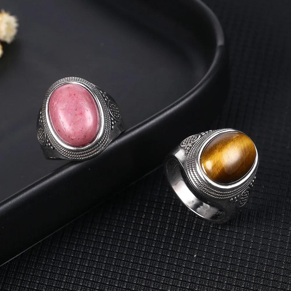 Natural Tiger Eye Moonstone Ring for Women S925 Silver Jewelry 10x14MM Large Turquoise Lapis Retro Wedding Party Ring