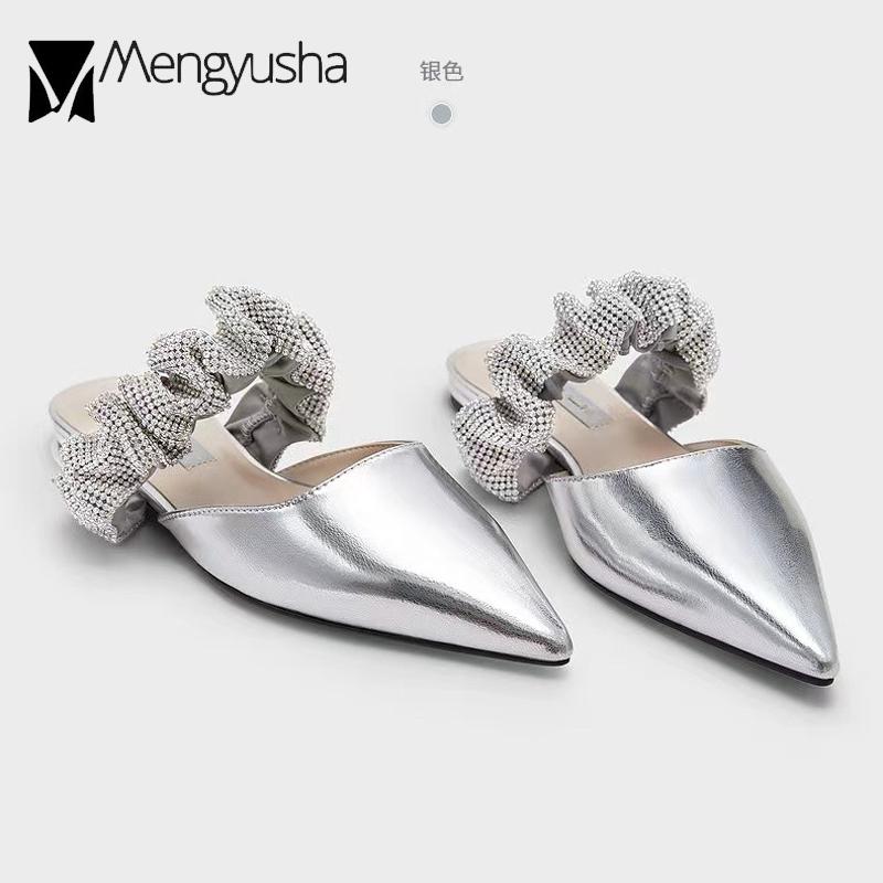 Fashion Crystal Ruffles Band Slippers Woman Trendy 2024 Sandals Flats Heels Pointed Toe Mules Ladies Shoes Cozy Slides Silver Flipflops