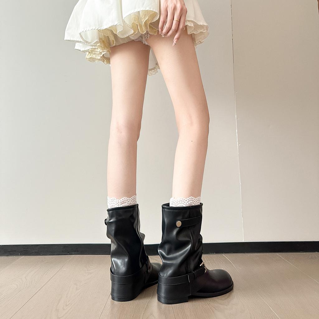 Polished retro stacked leather boots children's medium tube thick heel locomotive Martin boots 2025 autumn new western fashion short boots