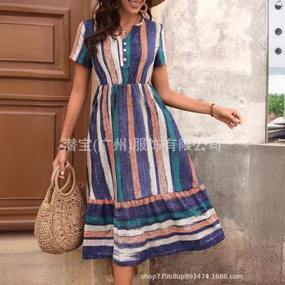 European and American Women's Clothing, Hot-selling Spring and Summer Button V-neck Splicing Dress