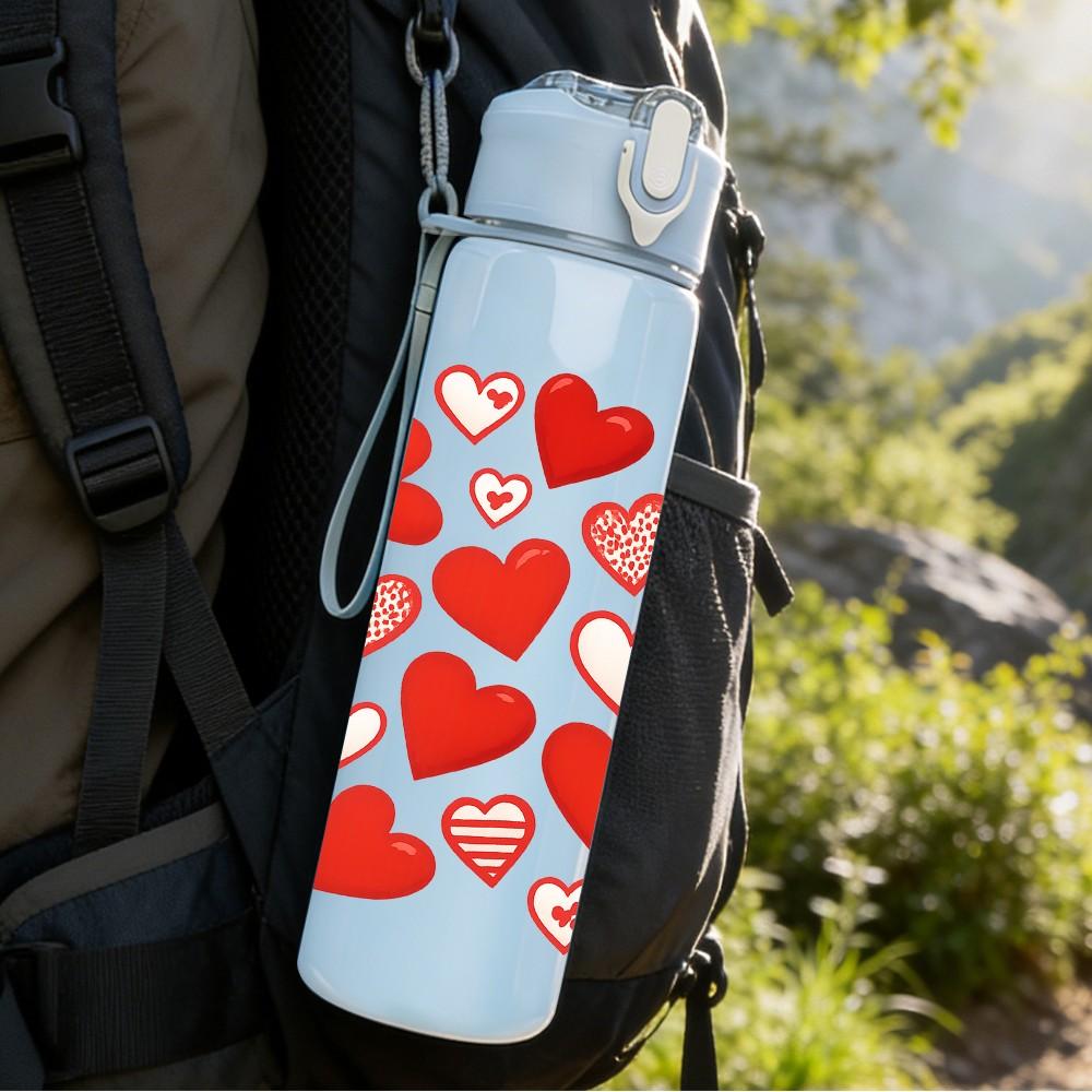 1PC Red Romantic Heart Love Pattern 750ml Color Plastic Sports Water Bottle Leakproof Flip Straw Lid Suitable for Sports Office Home Use