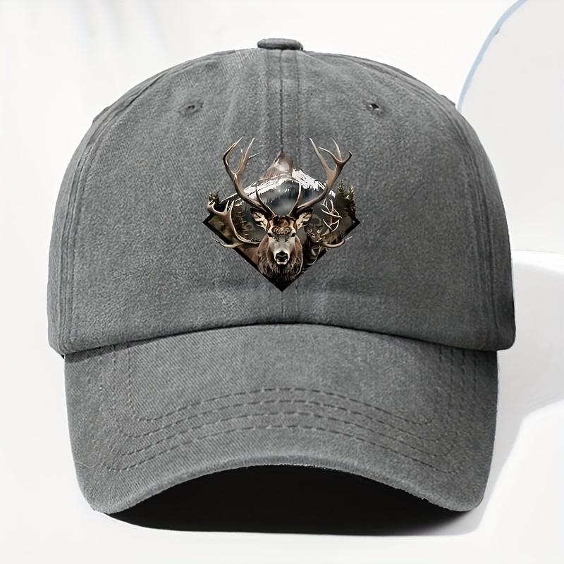 Men Women Vintage Elk Print Trucker Hat Adjustable Soft Top Baseball Cap with Elk Antler Washed Suitable for Outdoor Fis