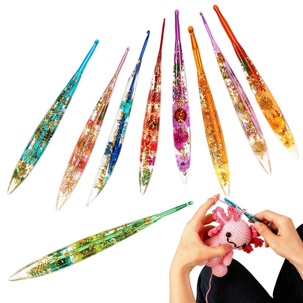 Crochet Hooks Kit 9 Pieces Resin Floral Pattern Pretty Yarn Weave Tool Knitting Needles Crochet Kit For Blanket Doll Hat Scarf