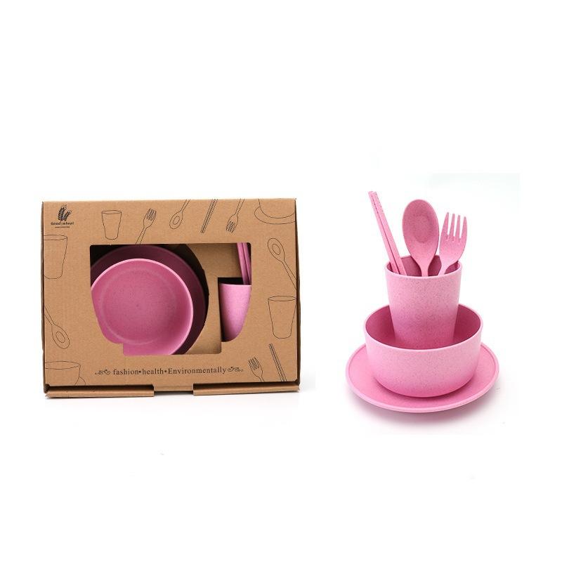 6Pcs Wheat Straw Dinnerware Set for Kids, Reusable Eco-Friendly Tableware Includes Bowl Plate Spoon Fork Chopsticks, Portable Gift Utensils