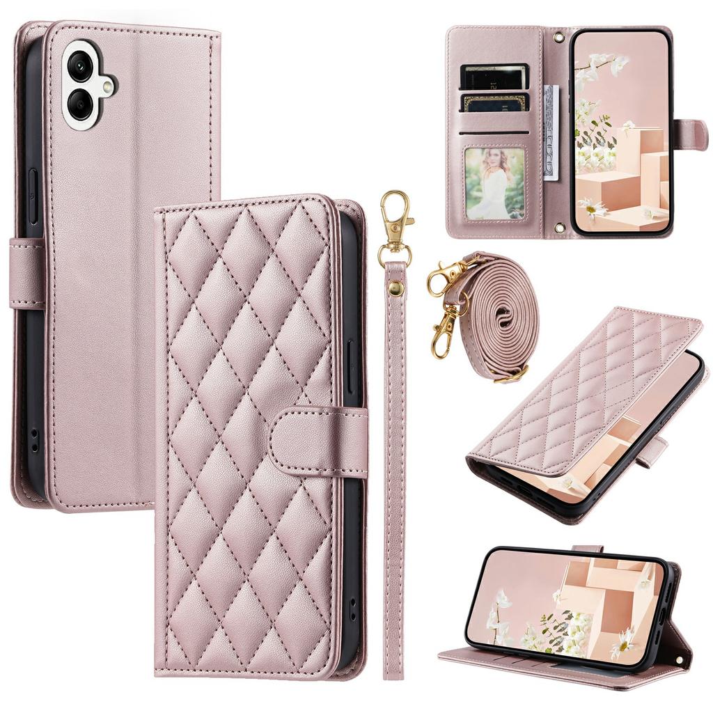 For Samsung Galaxy A07 4G Case Wallet Rhombus Grid PU Leather Phone Cover with Shoulder Strap/Wrist Strap