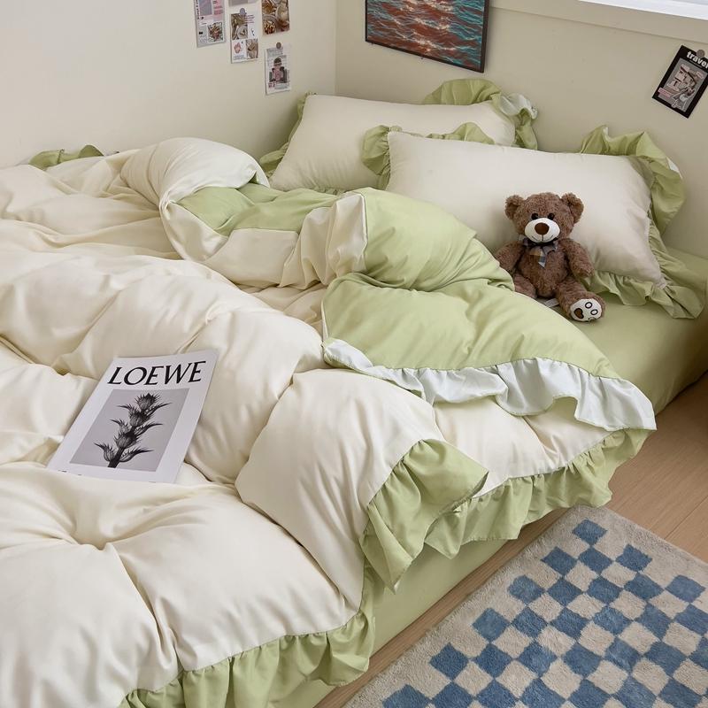 Ins Princess Bedding Set 2024 New Duvet Cover Fresh Blue Solid Color Floral Wrinkled Yann Bed Set Of Four Pieces Bed Sheets