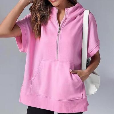 Frühling Damen Einfarbig Mode Lässig Kurzarm Kapuzen Sweatshirt