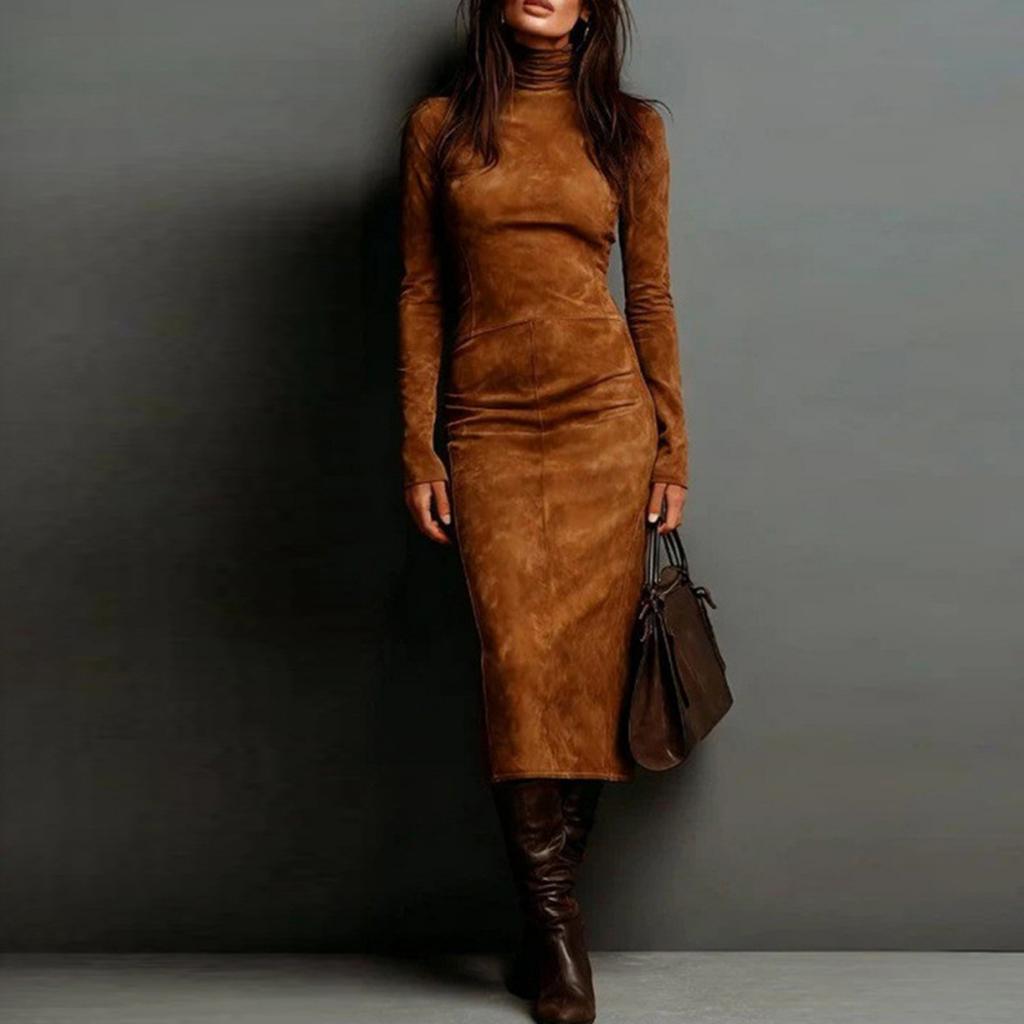 Women's Pleated Velvet Super Long Dress Long Sleeve High Neck Tight Long Dress Fashion Solid Color Dress