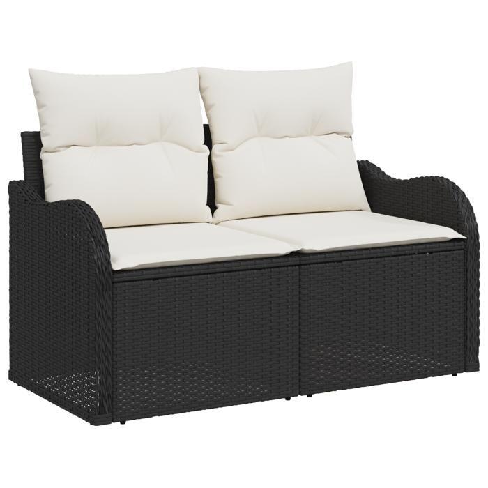 Ensemble de canapé de jardin vidaXL de 7 pièces avec coussins en poly rotin noir, Canapé de jardin 2 places avec coussins 3345597