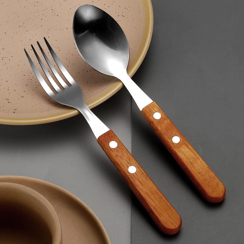 Stainless steel tableware, meal spoon, steak knife, sharp mouth steak three-piece set, wooden handle, spoon set, knife, fork and spoon