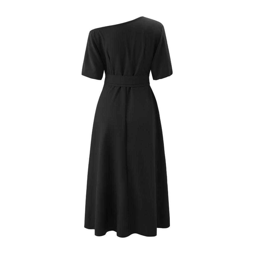 Elegant Women's Fashion Green Diagonal Neck Middle Sleeve Casual Dress Women's Casual Retro Long Dress