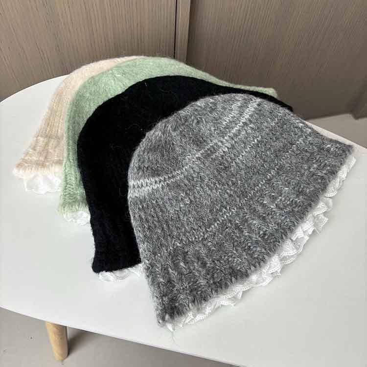Lazy wind gray knitted hat women's autumn and winter literary lace wool bucket hat showing small face warm pot hat