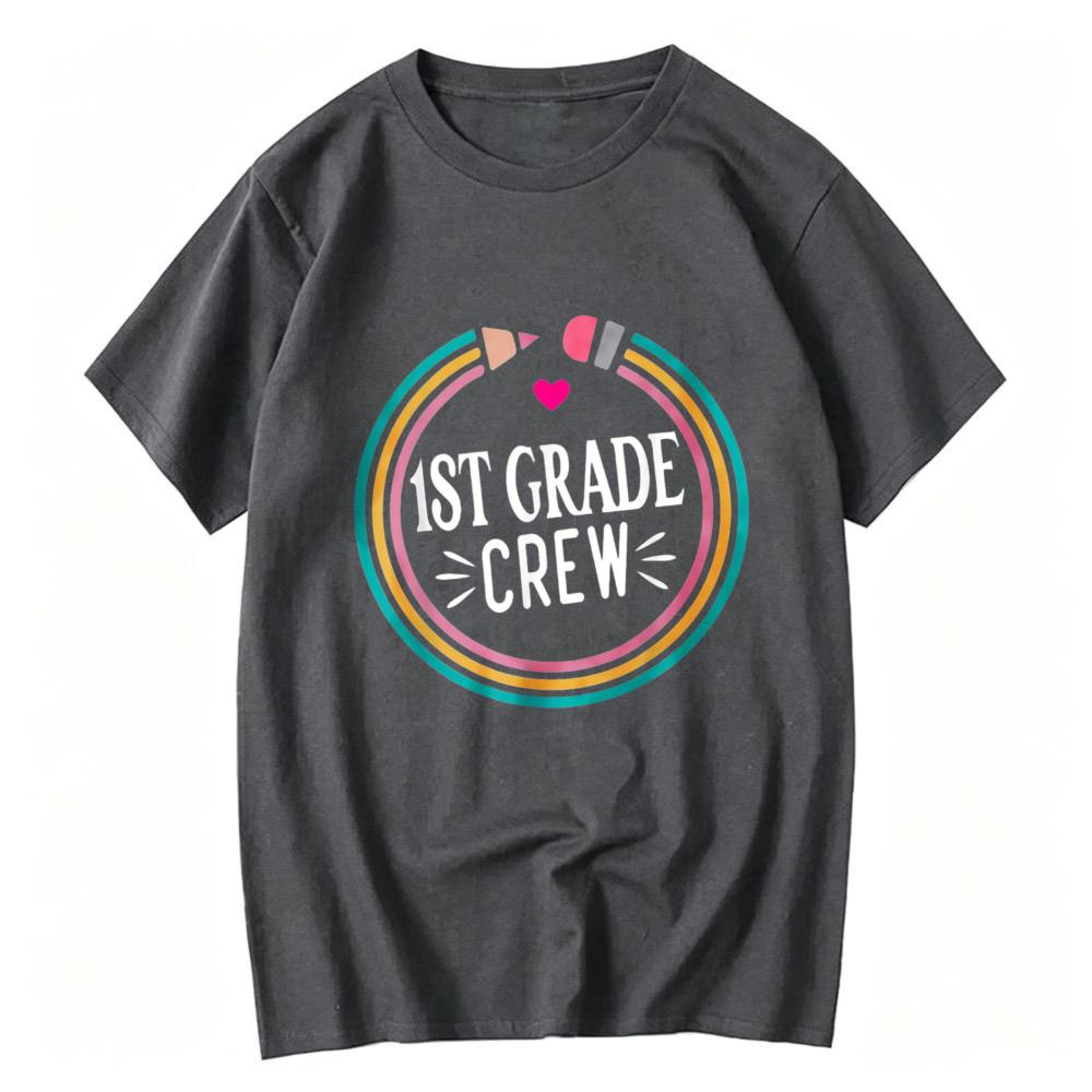 st Grade Crew Rainbow Circle Pencil Heart Graphic TShirt Teacher Student Back To School Casual Cotton Short Sleeve Basic Tops