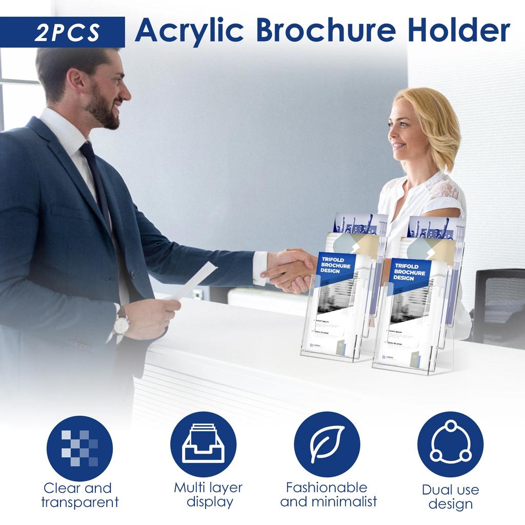 2Pcs Brochure Holder 3 Tiers Clear Acrylic Brochure Display Stand Multifunctional Literature Rack for Wall Mount or Countertop