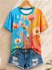Women's Simple and Versatile Casual Short-Sleeve Floral Print Round-Neck Elegant T-Shirt Stylish Loose-Fitting Women's Top