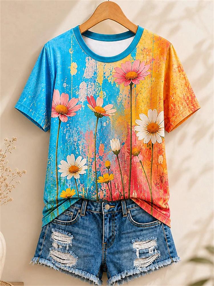 Women's Simple and Versatile Casual Short-Sleeve Floral Print Round-Neck Elegant T-Shirt Stylish Loose-Fitting Women's Top