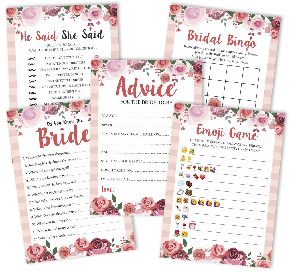 Inkdotpot Bachelorette Party Games Set Bundle of 5 (Activities for 50 Guests) Floral Theme Fun Bridal Shower Games Set