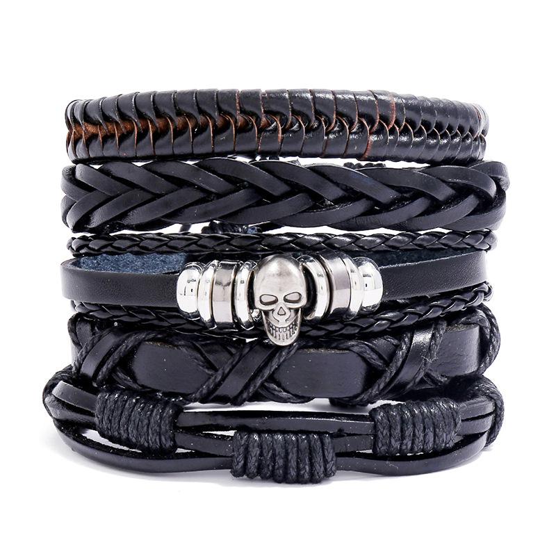 Hot Selling Punk Style Vintage Leather Bangle Set Handmade Mens Bracelets with Skull Accessories Fashionable Jewelry Accessory