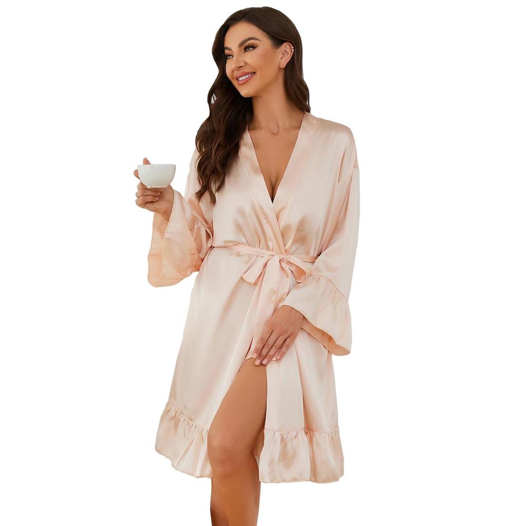 Vestaglie da notte da donna in raso di seta imitazione, maniche lunghe, con lacci, accappatoio, pigiama sexy di lusso, autunno, primavera, per dormire, casual, da casa