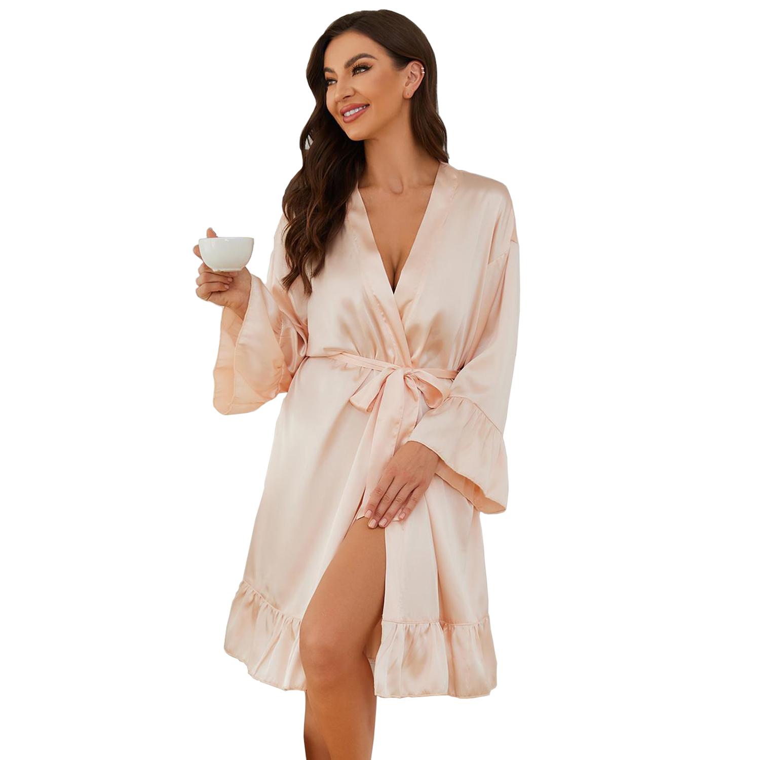 Dámske nočné košieľky Saténové nočné košieľky s imitáciou hodvábu Dlhý rukáv Šnurovanie Župan Sexy luxusné pyžamo Jesenné jarné na spanie, relax, bežné domáce oblečenie XL šampanská