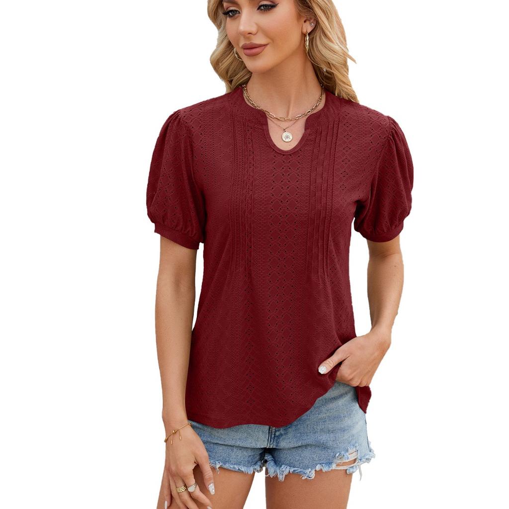 Spring Summer New Women's Solid Color V-neck Striped Loose Short Sleeve T-shirt for Cross-border E-commerce