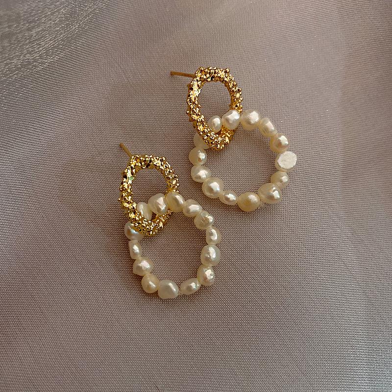 Trendy Round Circle Natural Baroque Freshwater Pearl 14K Gold Filled Female Tassels Stud Earrings For Women Gifts