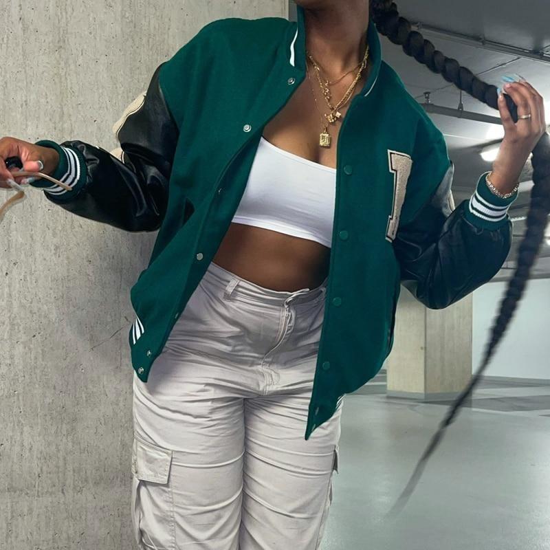 Giacca bomber da baseball donna Hip Hop Harajuku Bone Letter Patchwork giacche in pelle Streetwear uomo unisex