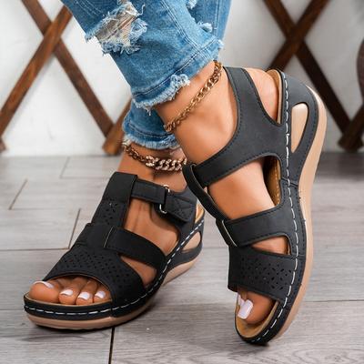 Women's Wide Width Peep-Toe Sandals, Single Buckle Wedge Heel Slides, Roman Style Summer Shoes for Women
