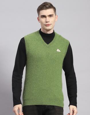 Mens Solid Green V Neck Sleeveless Sweater