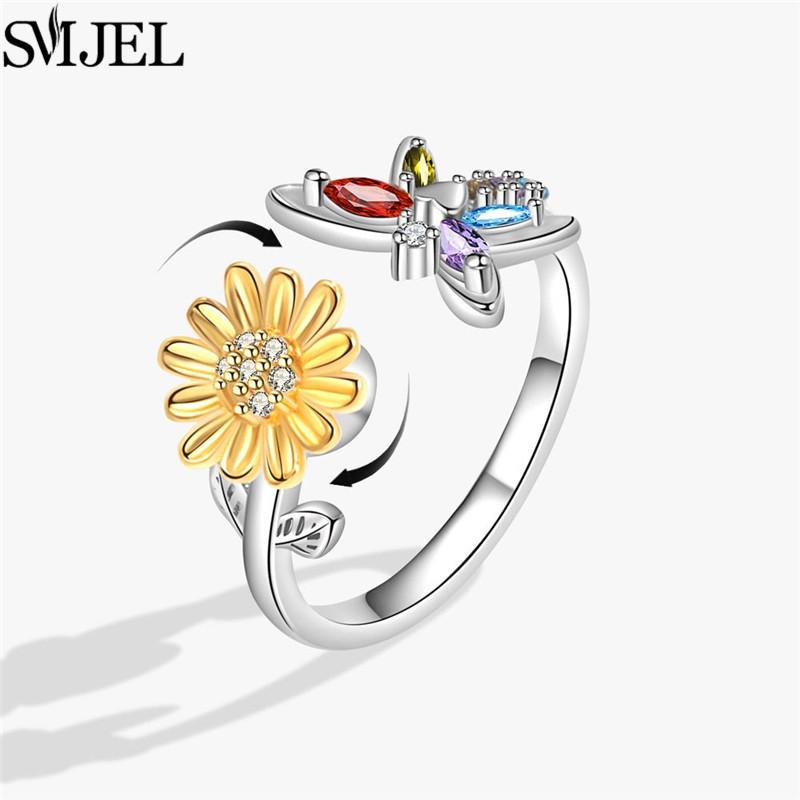 Luxury Anti Stress Anxiety Rings Fidget Spinner Ring Adjustable for Women Cute Flower Cat Starfish Ring Rotating Freely Jewelry