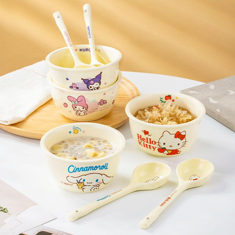 Kawaii New Sanrio Hello Kitty Cream Ceramic Rice Bowl Cute and high-value ceramic tableware bowl Kulomi ceramic bowl  Gifts Toys