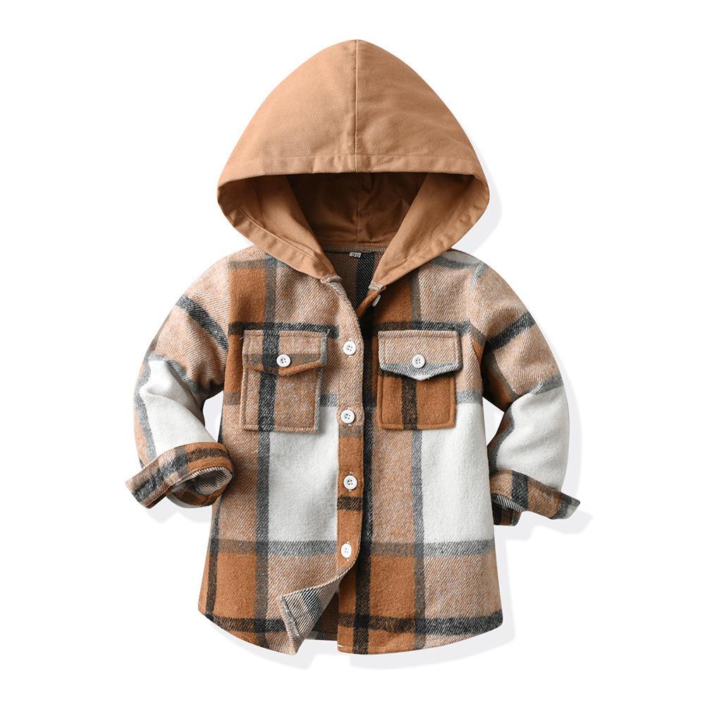 Children's Autumn Winter Plaid Fleece Hooded Long Sleeve Jacket, Casual Fashion Unisex Versatile Top for Older Kids