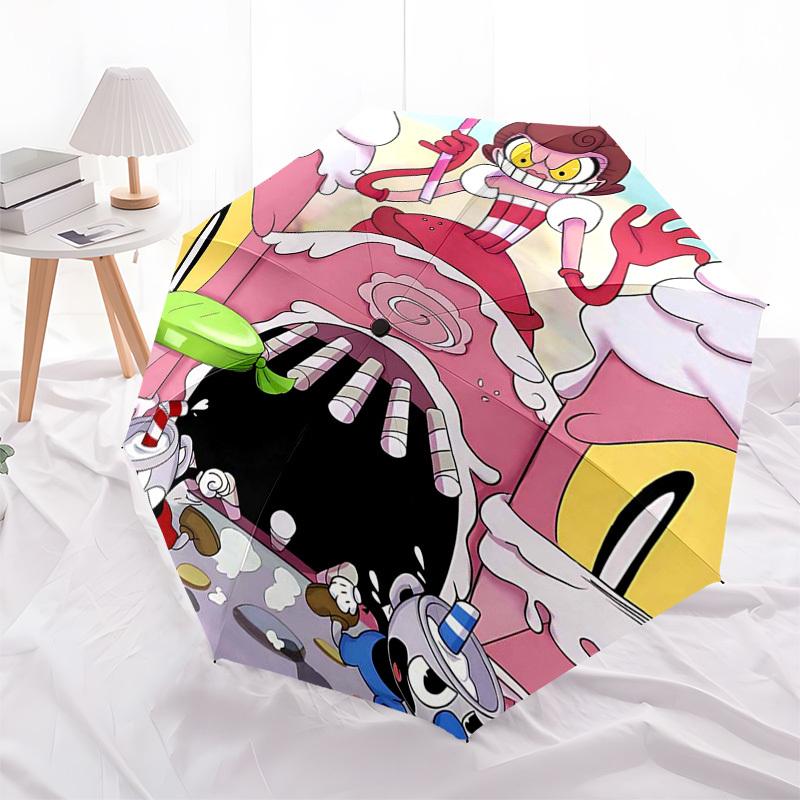 1 stuks Pink Panther & Cuphead Buitenparaplu - Automatische Open-/Sluiting, Draagbaar 3-Vouws Ontwerp met 8-Ribben IJzeren Frame - Perfect Cadeau voor Fans, Reizen