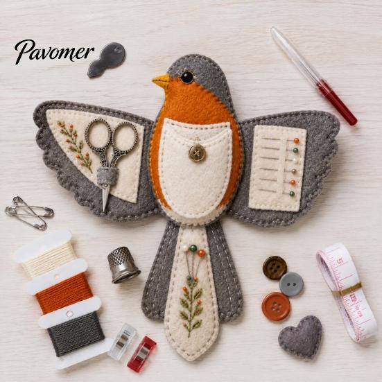 Kit de Costura Organizador de Pássaro de Feltro DIY, Bolsa Artesanal Decorativa Portátil, Bolsa de Armazenamento Prática com Fenda para Tesoura e Almofada para Agulhas, Bordado