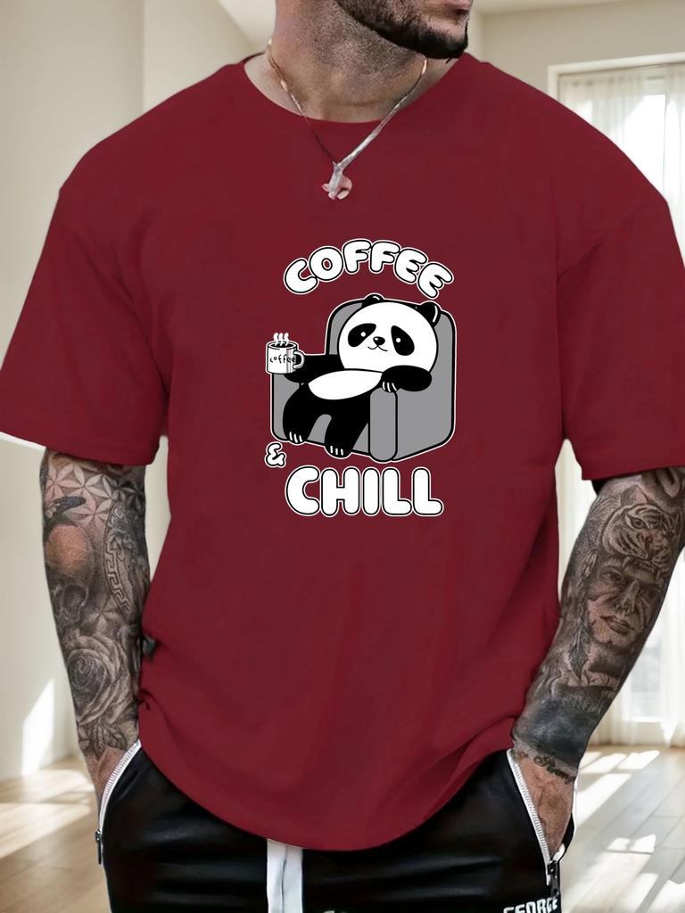 Mens Casual Tshirt Panda Coffee  Chill Print Short Sleeve Round Neck Breathable Soft Oversized Daily Wear Tee