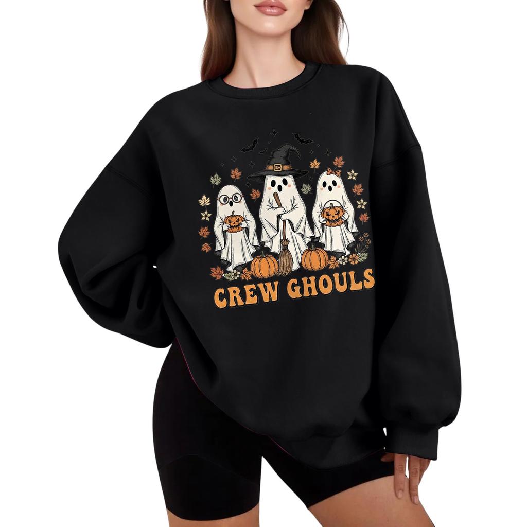 Women's Fashion Round Neck Long Sleeve Hoodie Halloween Small Print Hoodie