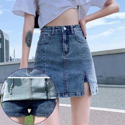 Summer Stretch Denim Skirt Skirt Women's High Waist Anti-glare A-line Short Skirt Pants Skirt Split Hip Skirt