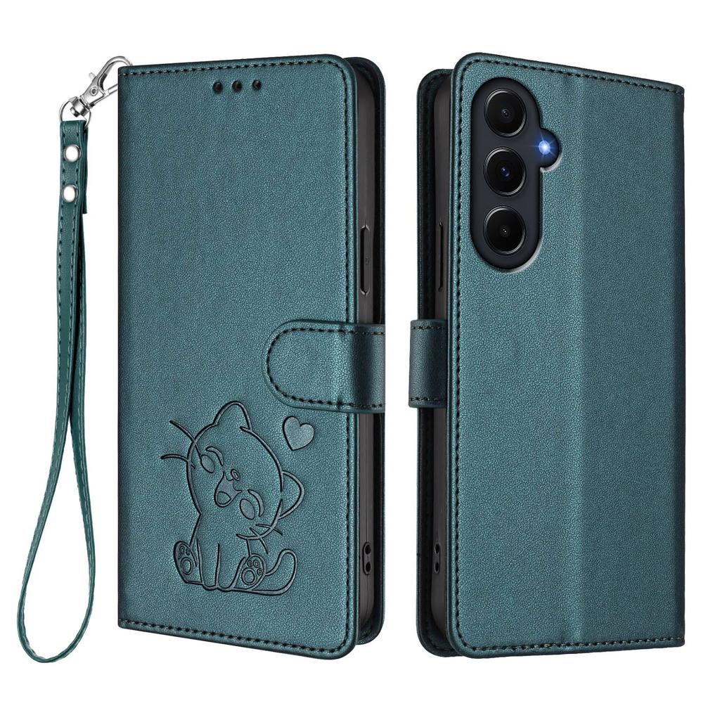 Für Samsung Galaxy A55 5G Brieftasche Hülle mit Handschlaufe Love Cat Muster Prägung Leder Handyhülle