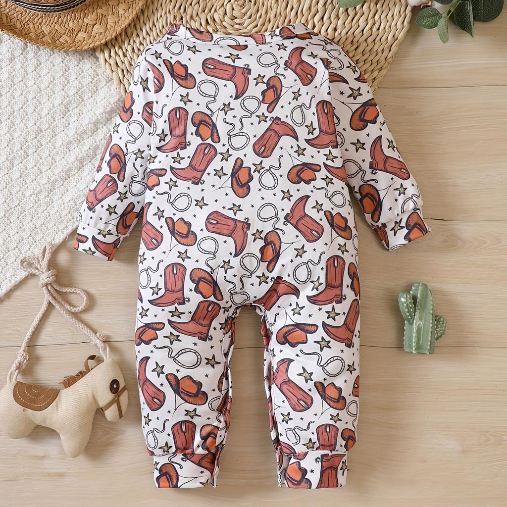 Baby Newborn Infant Girls Spring Autumn Cowboy Hat Print Long Sleeve Romper Jumpsuit Clothes Long Sleeve Toddler