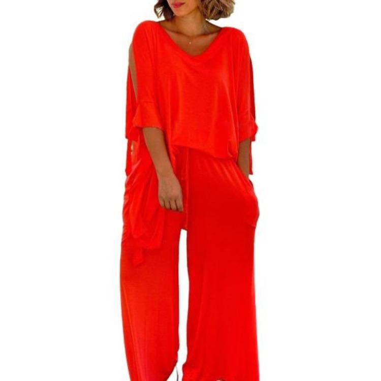 Boho Damen lockeres zweiteiliges Set lässiger Pullover-Top mit kurzen Ärmeln