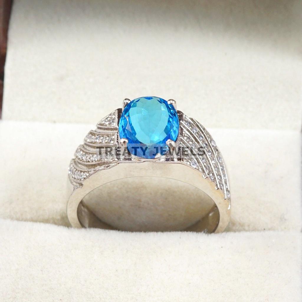 Blue Topaz Oval Cut Gemstone With 925 Sterling Silver Ring For Men's #A904 JL375669070751