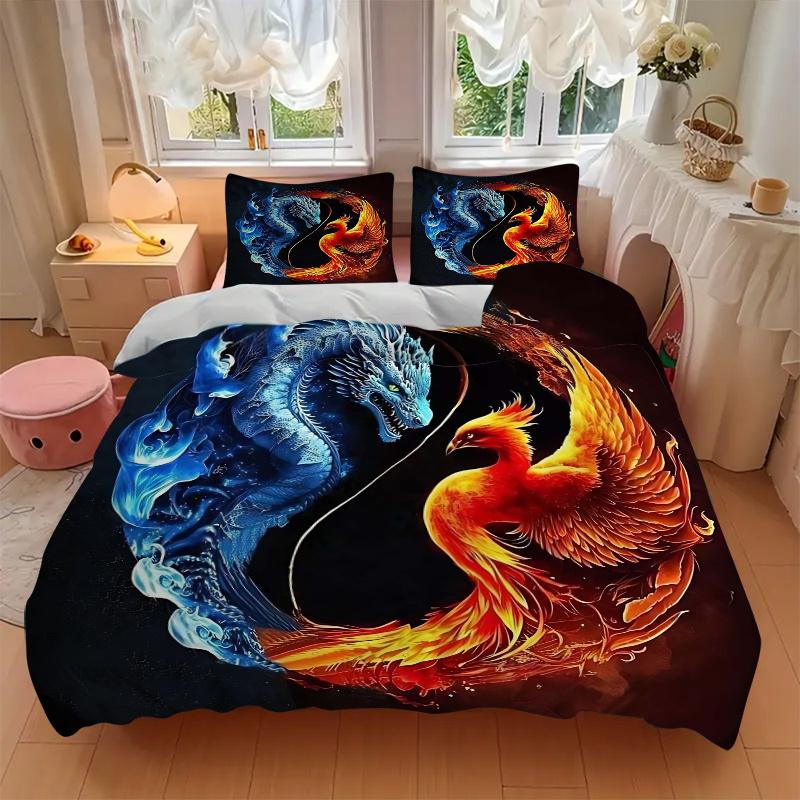3pcs Blue Dragon and Red Phoenix Bedding Set - Includes 1 Quilt Cover and 2 Pillowcases, Comfortable Bedding with Stylish Design for Bedroom, Mac