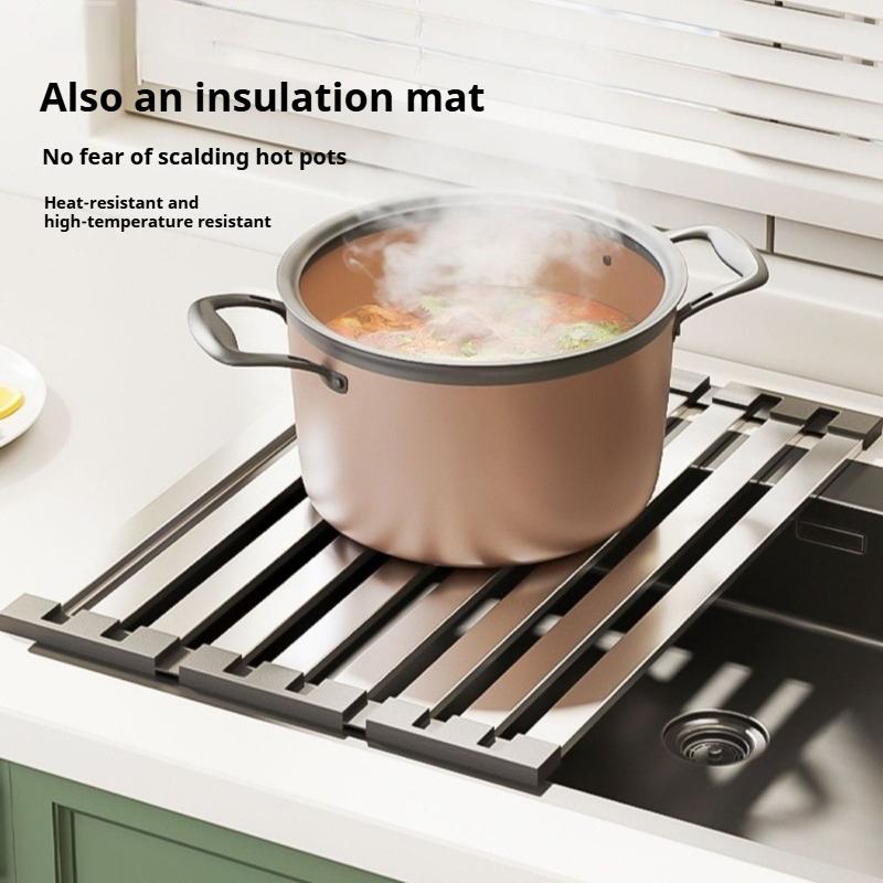 Skládací odkapávač na dřez z nerezové oceli 304, Kuchyňský odkapávač na nádobí, Zesílený protiskluzový skládací odtokový koš