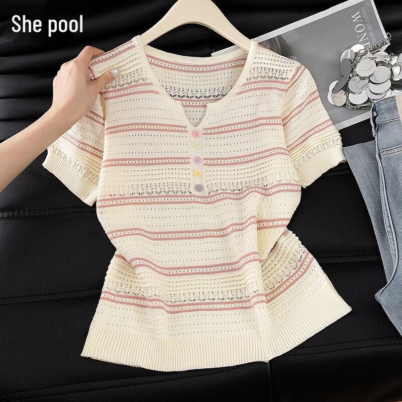 Women s Hollow Ice Silk Striped Knit T-Shirt M