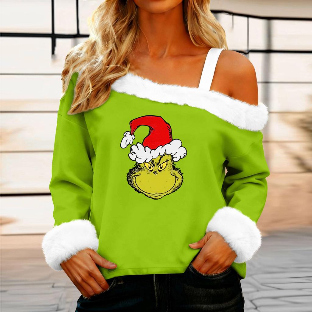 Women's Casual Fashion Sexy Off-Shoulder Collar Christmas Pattern Long Sleeve Crewneck T-Shirt Top