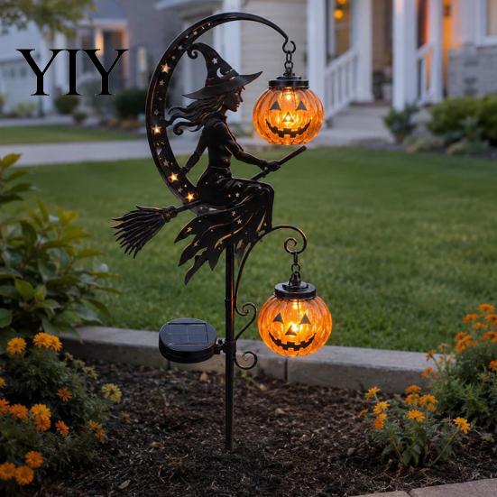 Metall-Kürbis-Deko für den Außenbereich, Halloween-Solar-Gartenstableuchte, Hexe-Mond-Laterne, Leuchtende Requisiten, IP44 Wasserdicht für Weg, Garten, Terrasse, Beleuchtete Schilder