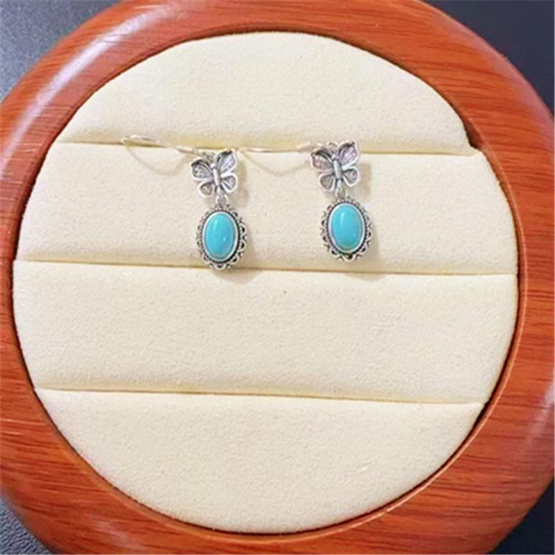 S925 Sterling Silver Natural Turquoise Retro Butterfly Earrings